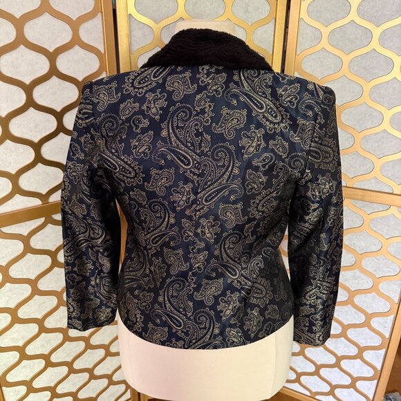 Y2K Scott McClintock Size 8 Black & Gold Paisley Faux Fur Collar Blazer Jacket - Picture 5 of 15